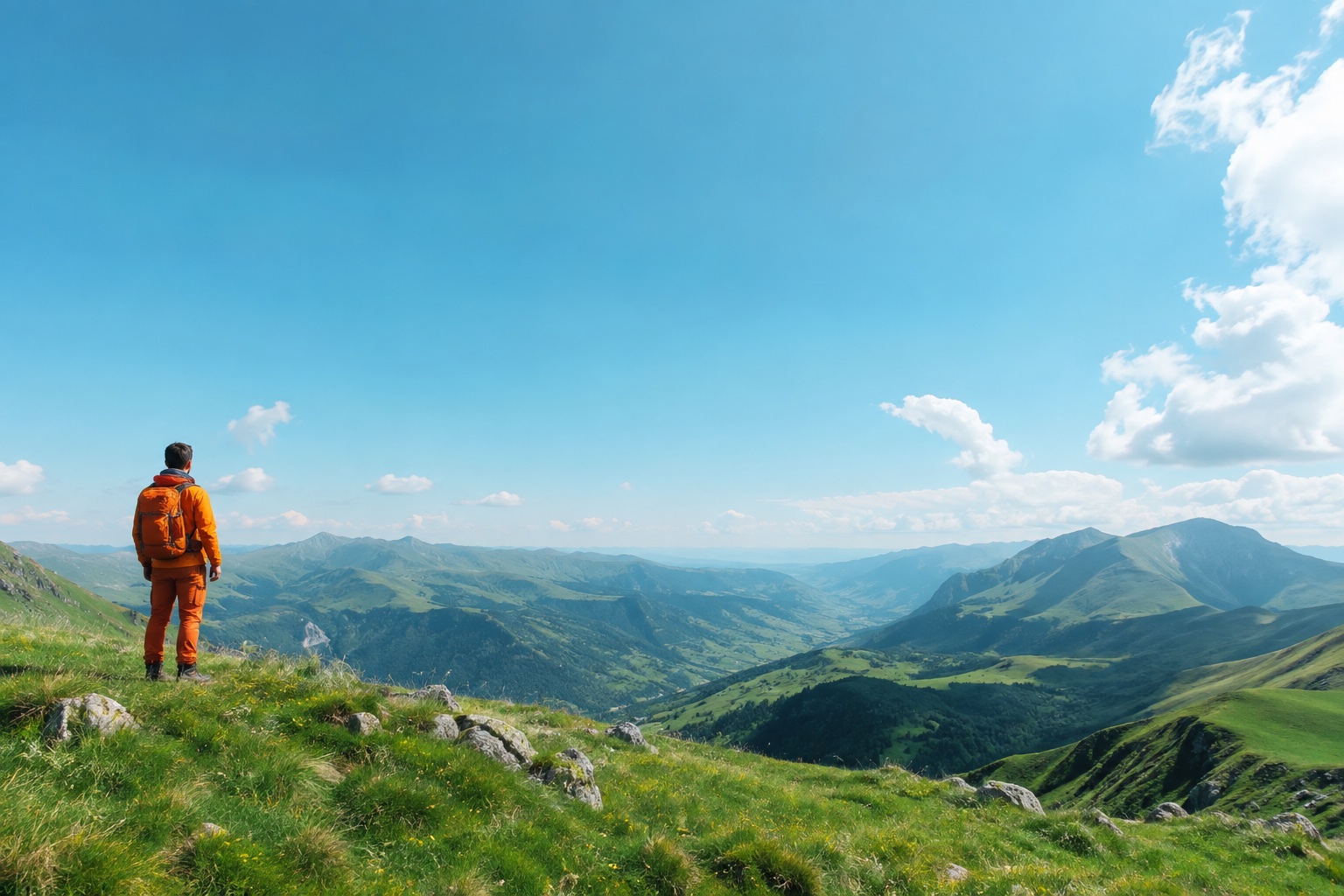 Open mountain valley beneath a bright sky