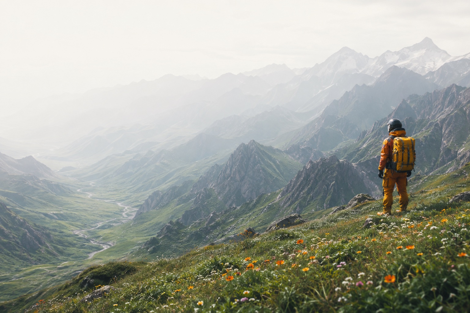Explorer overlooking a green mountain valley